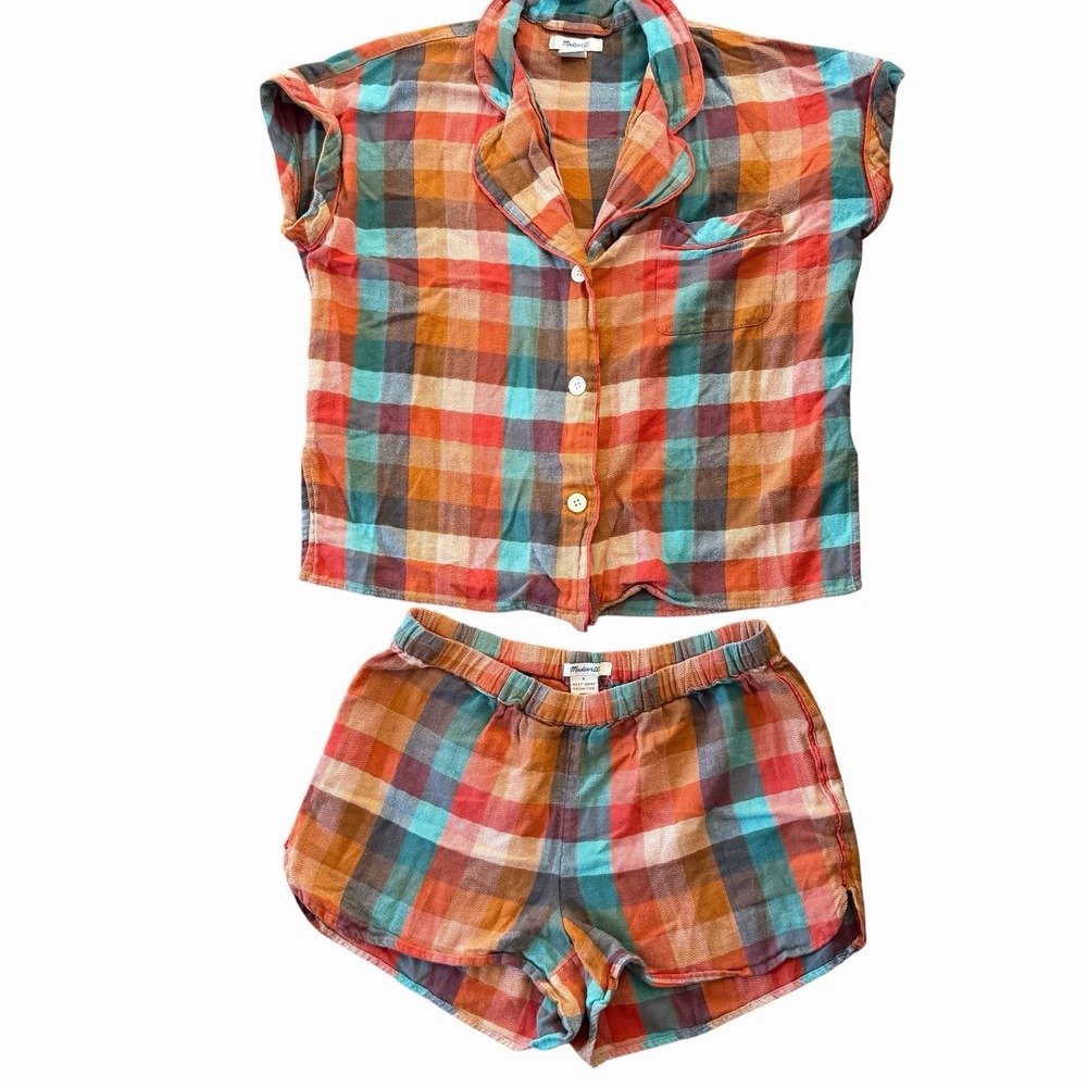 MADEWELL 2 Piece Orange Plaid Small Cotton Pajamas Shorts Top Button Up Women's